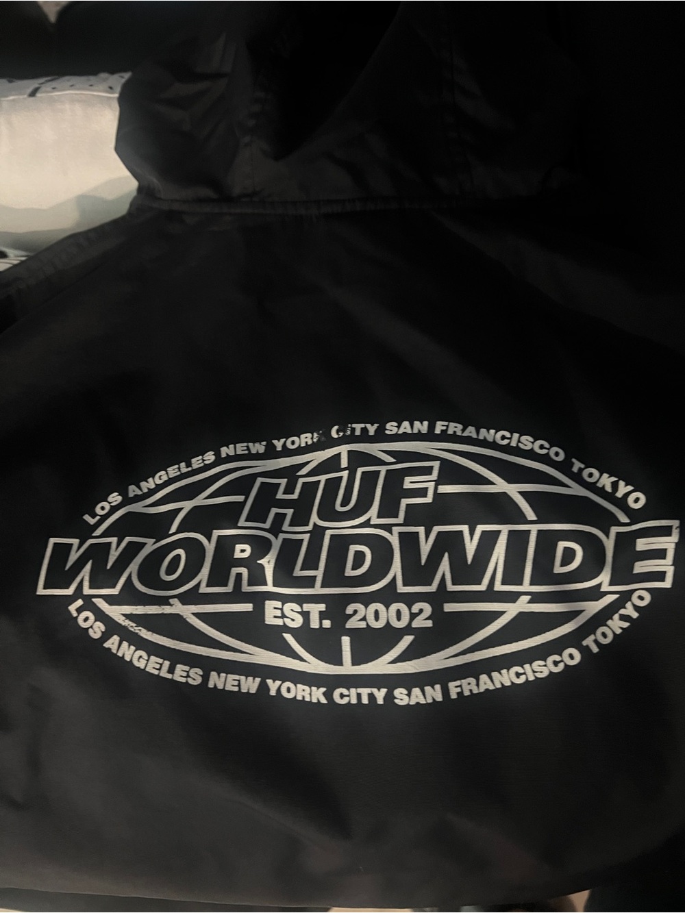 HUF Black Hooded Rain Jacket with White Worldwide Logo size Medium